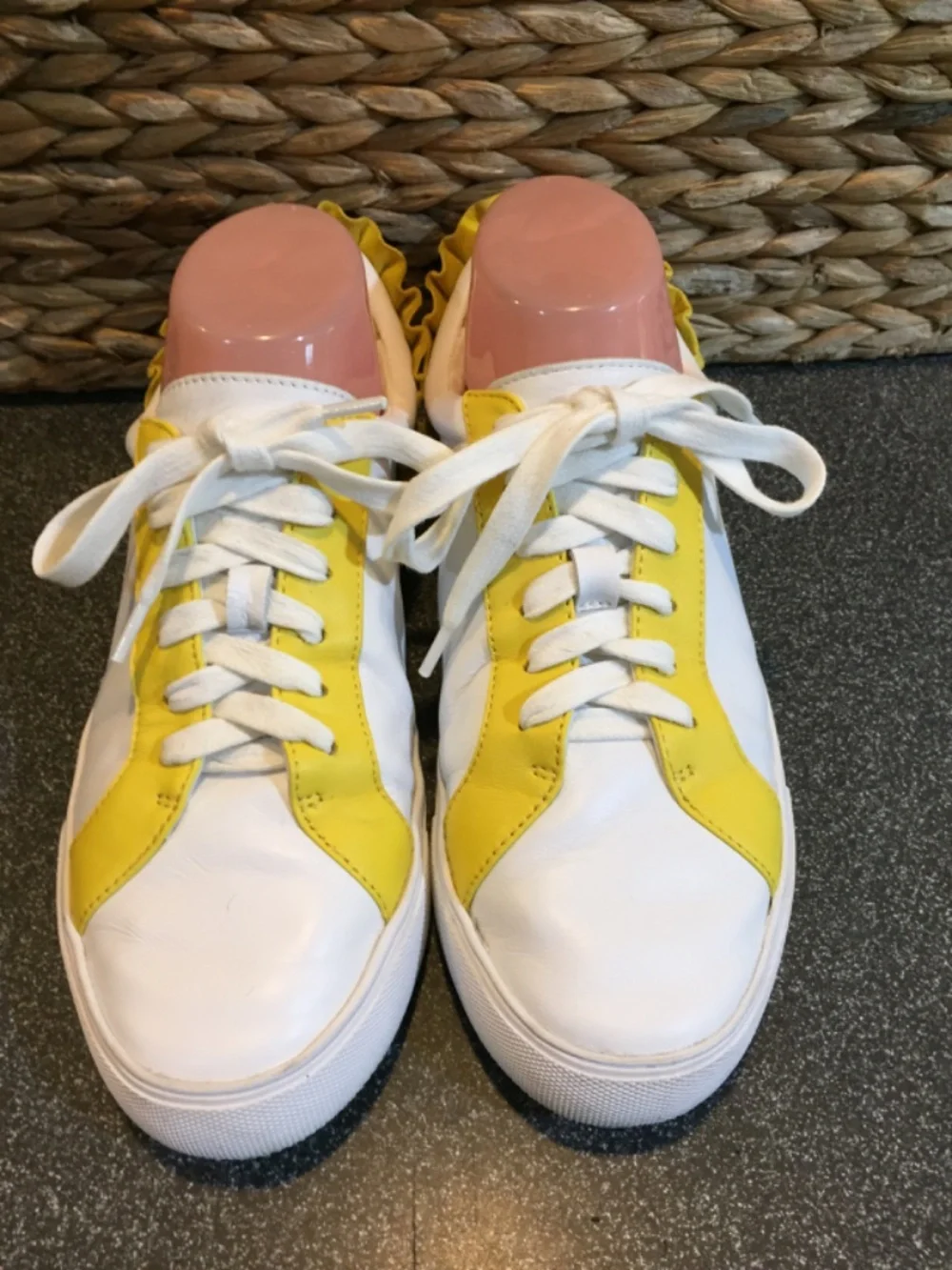 Talbots White and Yellow Leather Ruffle-Back Sneakers